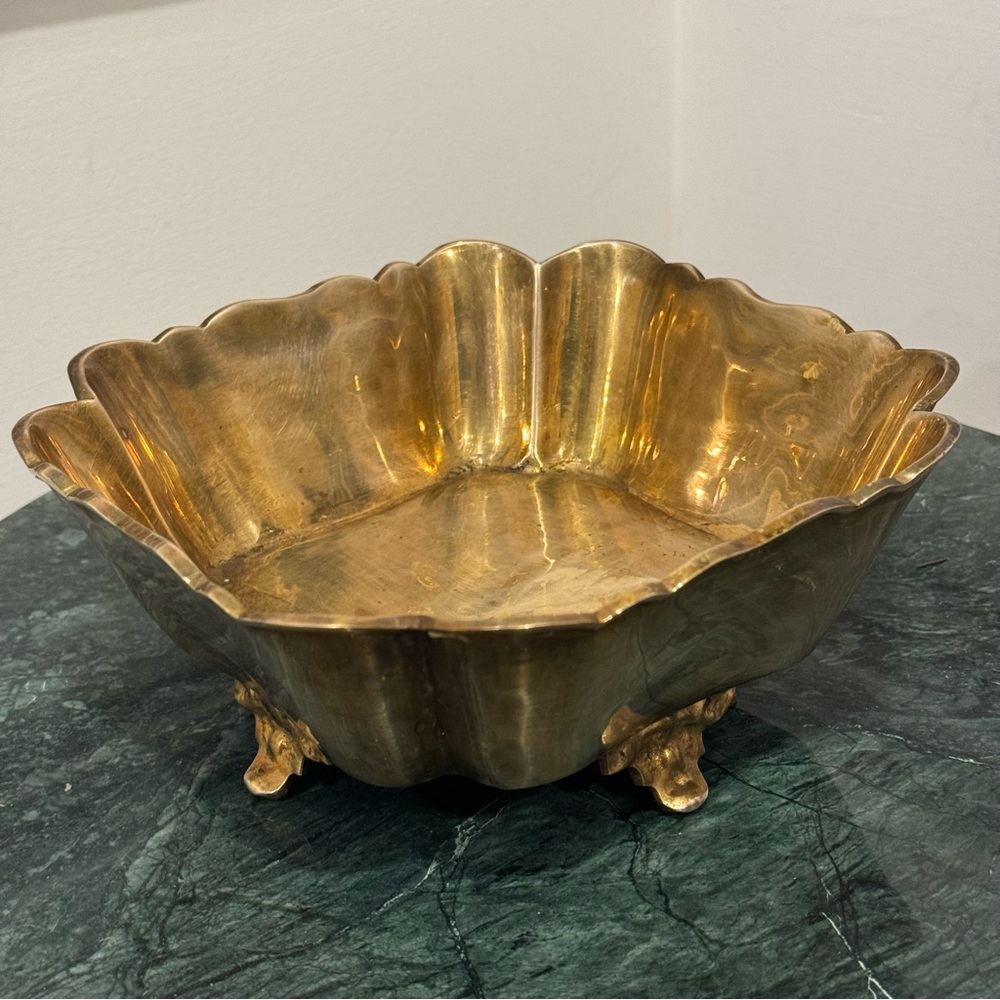 Vintage   Brass Bowl  Gold Planter Footed Dish Segmented Scalloped